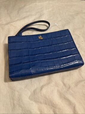 Ralph Lauren Navy Croc-Embossed Wristlet with Gold RL Logo